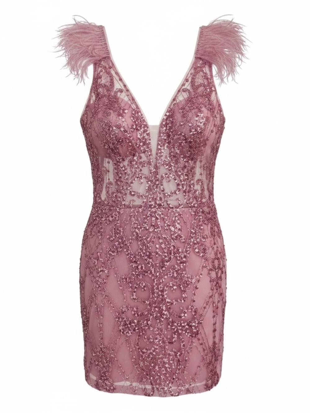 Camille La Vie Dusty Rose Sequin & Feather V-Neck Dress.